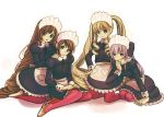  00s 4girls apron blonde_hair brown_hair drill_hair frills headdress heterochromia lavender_hair long_hair maid maid_apron multiple_girls pantyhose rozen_maiden shinku short_hair siblings sisters souseiseki suigintou suiseiseki twins twintails very_long_hair yugume 