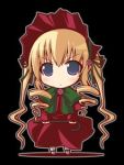  00s blonde_hair blue_eyes bonnet bow cane chibi crazy_developers curly_hair flower hair_ribbon lowres qvga ribbon rozen_maiden shinku twintails 