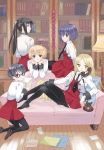  5girls black_hair blonde_hair blue_eyes blue_hair bob_cut book brown_eyes corded_phone couch glasses kazuto_izumi kneeling lamp leggings legs library long_hair lying multiple_girls necktie original pantyhose paper phone pillow ponytail school_uniform serafuku short_hair sitting skirt thighband_pantyhose translated violet_eyes yellow_eyes 