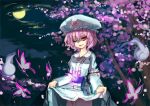  1girl bonnet butterfly female flower full_moon hat moon night one_eye_closed pink_hair red_eyes saigyouji_yuyuko sakura shimadoriru short_hair skirt skirt_lift smile solo touhou tree 