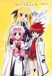  1boy 2girls absurdres ahoge belt blonde_hair blue_eyes blush bow brown_hair cape caro_ru_lushe child clenched_hand coat dragon erio_mondial fate_testarossa fingerless_gloves friedrich gloves hair_ribbon happy hat highres kerykeion long_hair lyrical_nanoha magical_girl mahou_shoujo_lyrical_nanoha mahou_shoujo_lyrical_nanoha_a&#039;s mahou_shoujo_lyrical_nanoha_strikers megami multiple_girls official_art okuda_yasuhiro open_clothes open_coat pink_bow pink_hair red_eyes redhead ribbon scan short_shorts shorts single_glove skirt smile spiky_hair strada thigh-highs trench_coat turtleneck twintails very_long_hair volume81 watch watch 