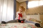  amane_misa apple asian bed cosplay death_note food fruit photo solo thigh-highs 