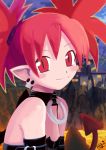  1girl :3 castle collar demon demon_girl disgaea earrings etna female gloves jewelry makai_senki_disgaea molten_rock necklace outdoors pointy_ears red_eyes redhead sharp_teeth slit_pupils solo tail teeth twintails wings 