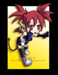  1girl :p ;b belt black_gloves black_legwear blush_stickers boots border bracelet chibi collar demon demon_girl disgaea earrings elbow_gloves etna female full_body gloves gradient gradient_background grimace jewelry looking_at_viewer makai_senki_disgaea miniskirt necklace pointy_ears red_eyes redhead running short_hair shorts simple_background skirt smile solo tail thigh-highs tongue tongue_out twintails wings yellow_background 