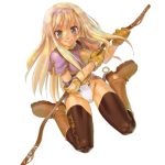  1girl armor blonde_hair boots bow_(weapon) green_eyes hairband long_hair lowres morii_shizuki no_pants panties ragnarok_online sitting solo thigh-highs thighs underwear weapon 