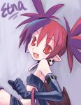  1girl bat_wings bracelet choker collar demon demon_girl disgaea earrings elbow_gloves etna fang female gloves happy jewelry looking_at_viewer makai_senki_disgaea miniskirt necklace open_mouth pointy_ears red_eyes redhead simple_background sitting skirt smile solo tail thigh-highs twintails wings 
