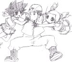  1boy 2girls akazutsumi_momoko ankle_boots baseball_cap boots flying full_body goutokuji_miyako hat hyper_blossom lowres matsubara_kaoru monochrome multiple_girls pleated_skirt powered_buttercup powerpuff_girls powerpuff_girls_z professor_utonium professor_utonium_(ppgz) rolling_bubbles simple_background skirt solo spiky_hair spread_legs standing sweatdrop twintails white_background 