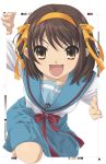  1girl :3 :d brown_eyes brown_hair fourth_wall open_mouth outside_border school_uniform short_hair simple_background smile solo suzumiya_haruhi suzumiya_haruhi_no_yuuutsu 