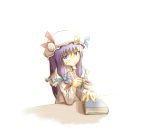  1girl bloom blue_eyes bonnet book cup female hair_ribbon long_hair moon open_mouth patchouli_knowledge purple_hair ribbon simple_background solo sorano_eika teacup touhou violet_eyes white_background 
