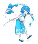  1girl blue_eyes blue_hair fishing_rod hairband mei_(maysroom) open_mouth pokemon pokemon_(creature) pokemon_(game) pokemon_sm popplio sandals short_hair simple_background sleeveless suiren_(pokemon) trial_captain white_background 