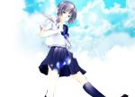  1girl blue_eyes blue_hair closed_umbrella clouds lens_flare school_uniform serafuku short_hair sky solo takeshima_satoshi umbrella 