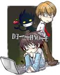  2boys apple bags_under_eyes barefoot brown_hair chibi computer copyright_name dated death_note food fruit grin l_(death_note) laptop looking_back male_focus multiple_boys necktie ryuk short_hair sitting smile yagami_light 