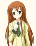 1girl arm_at_side brown_eyes brown_hair buttons clenched_hand code_geass cowboy_shot green_eyes green_necktie long_hair looking_at_viewer lowres necktie odaya odayan shirley_fenette sidelocks simple_background solo uniform very_long_hair white_background 