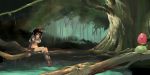  1girl bare_legs black_hair blob forest full_body hairband looking_at_viewer midriff morii_shizuki nature navel outdoors peaceful plant pond poporing poring ragnarok_online scenery short_hair simple_background sitting solo stomach tree water 