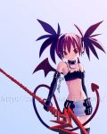  1girl demon_tail demon_wings disgaea elbow_gloves etna gloves highres makai_senki_disgaea nippon_ichi polearm red_eyes redhead simple_background skull solo spear tail thigh-highs watermark weapon wings 