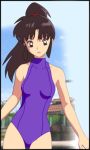  1girl black_hair brown_eyes casual_one-piece_swimsuit inuyasha long_hair lowres one-piece_swimsuit ponytail sango solo swimsuit turtleneck 