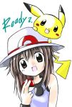  00s 1girl black_eyes blue_(pokemon) brown_hair english hat holding holding_poke_ball nintendo open_mouth pichu pikachu poke_ball pokemon pokemon_(game) pokemon_frlg porkpie_hat rascal simple_background smile white_background 