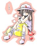  00s 1girl :3 =_= bag blue_(pokemon) brown_hair closed_eyes cup drinking footwear hat holding long_hair open_mouth pikachu poke_ball pokemon pokemon_(game) pokemon_frlg porkpie_hat rascal sitting socks solo tea translated 