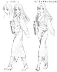  1girl boots braid caster casual dress fate/hollow_ataraxia fate/stay_night fate_(series) jacket long_hair long_skirt monochrome pointy_ears single_braid sketch skirt 