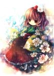  1girl bow brown_hair butterfly female flower hair_flower hair_ornament hieda_no_akyuu japanese_clothes no_nose onineko perfect_memento_in_strict_sense red_eyes sitting smile solo touhou wide_sleeves 
