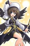  1girl armor black_wings blue_eyes brown_hair hair_ornament hat lyrical_nanoha magical_girl mahou_shoujo_lyrical_nanoha mahou_shoujo_lyrical_nanoha_a&#039;s noritama_(gozen) schwerar_pid schwertkreuz solo staff waist_cape wings x_hair_ornament yagami_hayate 