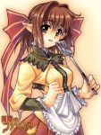  apron bow brown_eyes brown_hair hair_bow ikeda_yasuhiro lowres mugen_no_fantasia pointy_ears short_hair simple_background smile spatula 