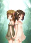  2girls back-to-back bare_shoulders blush brown_hair forest goto_p hand_holding multiple_girls nature original ribbon short_hair 