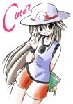  00s 1girl bespectacled blue_(pokemon) book bookmark brown_hair cowboy_shot english glasses hat long_hair open_mouth pokemon pokemon_(game) pokemon_frlg porkpie_hat rascal reading simple_background smile solo white_background 