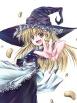  1girl aozora_market beans blonde_hair female hat kirisame_marisa mamemaki setsubun simple_background solo touhou witch witch_hat 