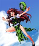  1girl bow braid brown_eyes female hat hat_removed headwear_removed hong_meiling jumping kiku_hitomoji long_hair outdoors outstretched_arms parody redhead ribbon sky solo spread_arms the_embodiment_of_scarlet_devil toki_wo_kakeru_shoujo tora_tooru toru_tooru touhou 