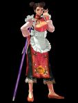  1girl apron brown_hair china_dress chinese_clothes chronicles_of_the_sword double_bun dress extra flats frills full_body glasses hair_bun hand_on_hip hualin kawano_takuji long_sleeves maid pince-nez pose shoes simple_background solo soul_calibur soulcalibur_iii staff standing 
