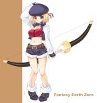  1girl belt beret blonde_hair boots bow_(weapon) breasts choker fantasy_earth_zero fingerless_gloves gloves hat large_breasts midriff navel pigeon-toed red_eyes short_hair shorts simple_background solo weapon yano_takumi 