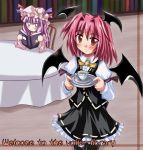  2girls bat_wings black_jacket black_legwear black_skirt black_wings book bow chair crescent crescent_hair_ornament cup demon_girl english female frilled_skirt frills hair_ornament hat head_wings hexagram jacket koakuma library long_hair multiple_girls pantyhose patchouli_knowledge pink_hat purple_hair red_eyes redhead ribbon-trimmed_clothes ribbon_trim shirt short_hair skirt table teacup the_embodiment_of_scarlet_devil touhou white_shirt wings yellow_bow 