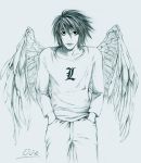  1boy angel bags_under_eyes blue death_note l_(death_note) male_focus monochrome sketch solo wings 