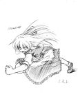  1girl aozora_market apron bow buttons dress female fighting_stance kirisame_marisa long_hair lowres monochrome open_mouth running simple_background solo touhou 