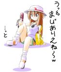  00s 1girl arm_support blue_(pokemon) brown_hair cameo cellphone confused footwear grin hat holding long_hair phone pikachu pokemon pokemon_(game) pokemon_frlg pokemon_special porkpie_hat rascal simple_background sitting smile socks solo translation_request white_background 