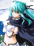  1girl aqua_hair blue_hair breasts cape erect_nipples large_breasts midriff noto_(soranoto) original red_eyes solo tight twintails 