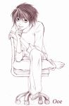  1boy bags_under_eyes chair death_note l_(death_note) male_focus monochrome purple sketch smile solo 