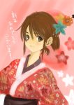  1girl brown_eyes brown_hair flower japanese_clothes kimono mochiya solo translation_request 