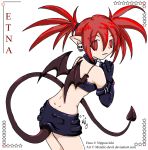 1girl bat_wings belt black_gloves bracelet character_name choker collar cowboy_shot demon demon_girl demon_tail dimples_of_venus disgaea earrings etna female from_behind gloves jewelry leaning_forward long_tail looking_at_viewer looking_back makai_senki_disgaea miniskirt necklace pointy_ears red_eyes redhead simple_background skirt solo tail twintails white_background wings