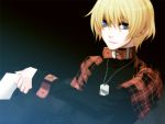  1boy belt blonde_hair blue_eyes collar dark dog_tags eye_contact jacket jewelry letter looking_at_another male_focus necklace plaid rin_(togainu_no_chi) solo togainu_no_chi turtleneck 