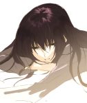  1girl black_eyes black_hair character_request face long_hair looking_down lying morii_shizuki purple_hair sad shirt simple_background sketch solo 