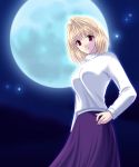  00s 1girl arcueid_brunestud black_legwear blonde_hair full_moon hand_on_hip long_skirt moon red_eyes short_hair skirt solo sweater tsukihime turtleneck 