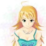  1girl ahoge bare_shoulders blonde_hair breasts cleavage closed_mouth collarbone eyebrows green_eyes hoshii_miki idolmaster jewelry lips long_hair looking_at_viewer necklace off_shoulder smile solo strap_slip takahashi_ren thick_eyebrows upper_body 