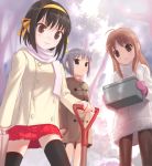  3girls asahina_mikuru brown_hair coat miniskirt multiple_girls nagato_yuki pantyhose scarf short_hair shovel skirt suzumiya_haruhi suzumiya_haruhi_no_yuuutsu thigh-highs uni worktool zettai_ryouiki 