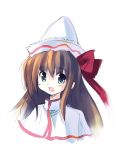  1girl blush bow brown_hair capelet face female green_eyes hair_bow hat lily_white long_hair looking_at_viewer ribbon seo_tatsuya simple_background smile solo touhou 
