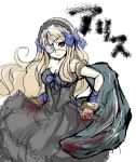  1girl alice_(princess_of_princess) arisu blonde_hair bow character_name eyepatch gothic gothic_lolita lolita_fashion looking_at_viewer princess_of_princess red_eyes simple_background sketch solo white_background 