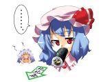  1girl directional_arrow eating ehoumaki female food gengorou lowres maki_roll makizushi mouth_hold remilia_scarlet setsubun solo sushi touhou translated 