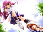  00s 1girl from_below fujiwara_warawara game_cg hair_ribbon happy heartful_cafe inline_skates kneehighs kousaka_chika leaf long_hair munekyun_heartful_cafe panties pantyshot purple_hair ribbon roller_skates school_uniform serafuku skates skirt sky socks solo underwear violet_eyes white_panties wind 