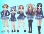  5girls amamiya_manami aqua_background artist_request etou_mei everyone gakuen_utopia_manabi_straight! inamori_mika massugu_go miniskirt multiple_girls odori_momoha official_art plaid plaid_skirt school_uniform serafuku skirt thigh-highs uehara_mutsuki zettai_ryouiki 